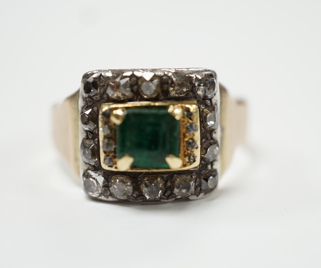 A George III 18ct, emerald and diamond cluster set mourning ring, with engraved inscription, 'H. Goodwin? died 18th Jan, 1790, aged 63', size S, gross weight 5.5 grams. Condition - fair